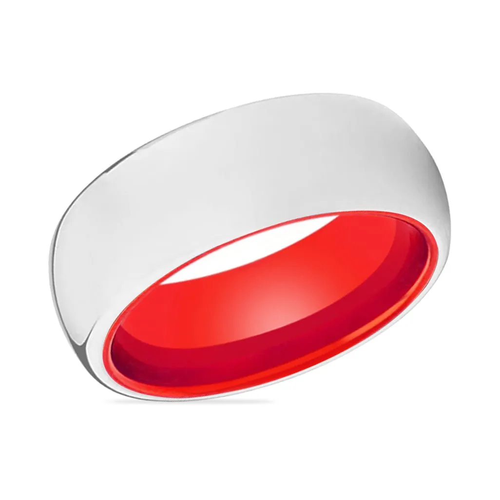 POPPY | Red Ring, Silver Tungsten Ring, Shiny, Domed