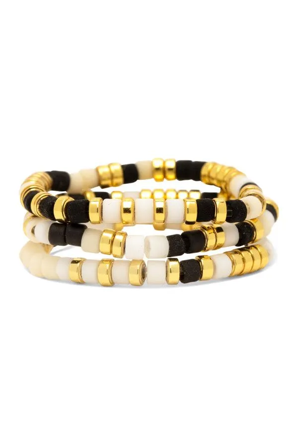 Pura Vida Mixed SB Gold Stretch Ring Set of 3 Monochrome