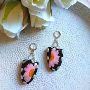 "Lila" Real Pink Flower with Pearl beads Chain Dangle Earrings