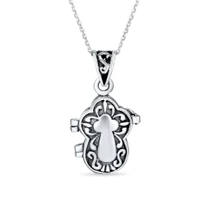 Religious Cross Prayer Box Locket Necklace Sterling Silver Memorial Pendant