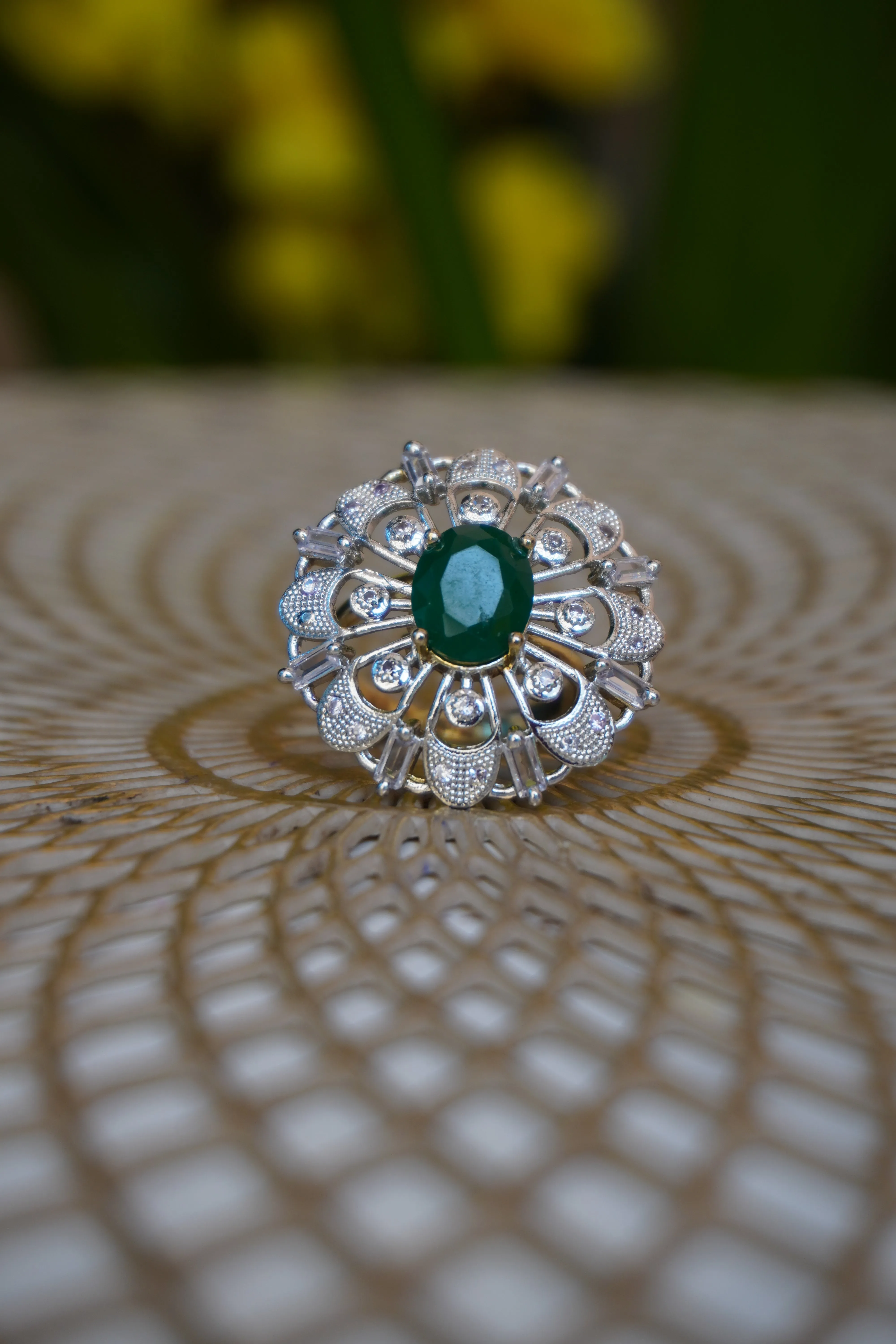 Round shape American Diamond Stylish Green Stone Adjustable Ring