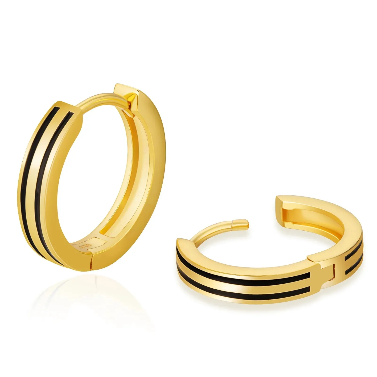 S925 Silver Black Stripe Hoop Earrings in 14K Gold - 15mm