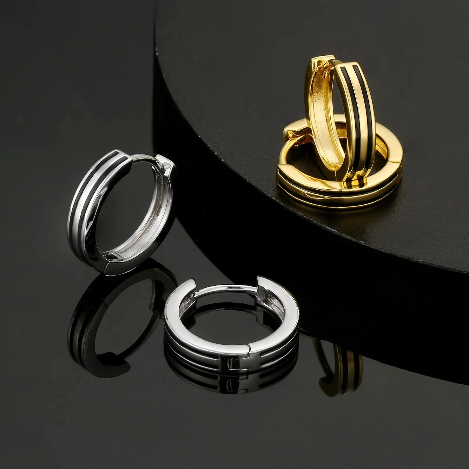 S925 Silver Black Stripe Hoop Earrings in 14K Gold - 15mm