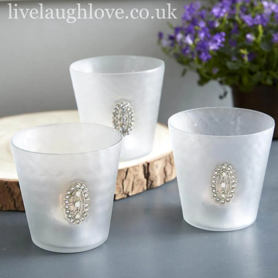 Set of 3 Large Glass Tea Light/Candle Holders With Oval Diamante Brooch ***Second***