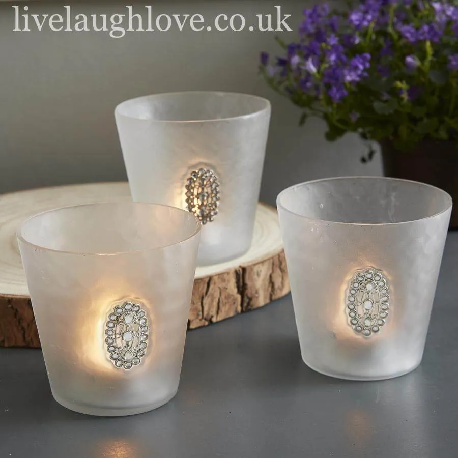 Set Of 3 Large Glass Tea Light/Candle Holders With Oval Diamante Brooch