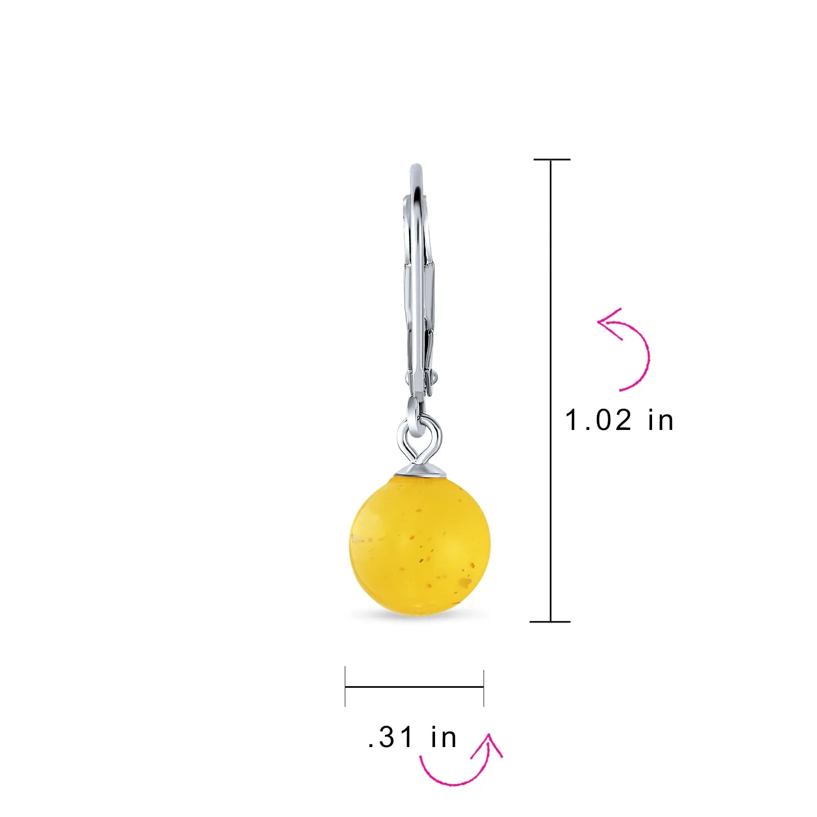 Simple Round Gemstone Lemon Yellow Amber Drop Ball Earrings Sterling Silver