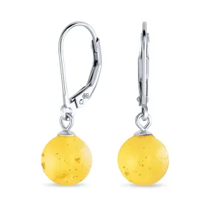 Simple Round Gemstone Lemon Yellow Amber Drop Ball Earrings Sterling Silver