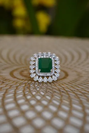 Square shape American Diamond Stylish Green Stone Adjustable Ring