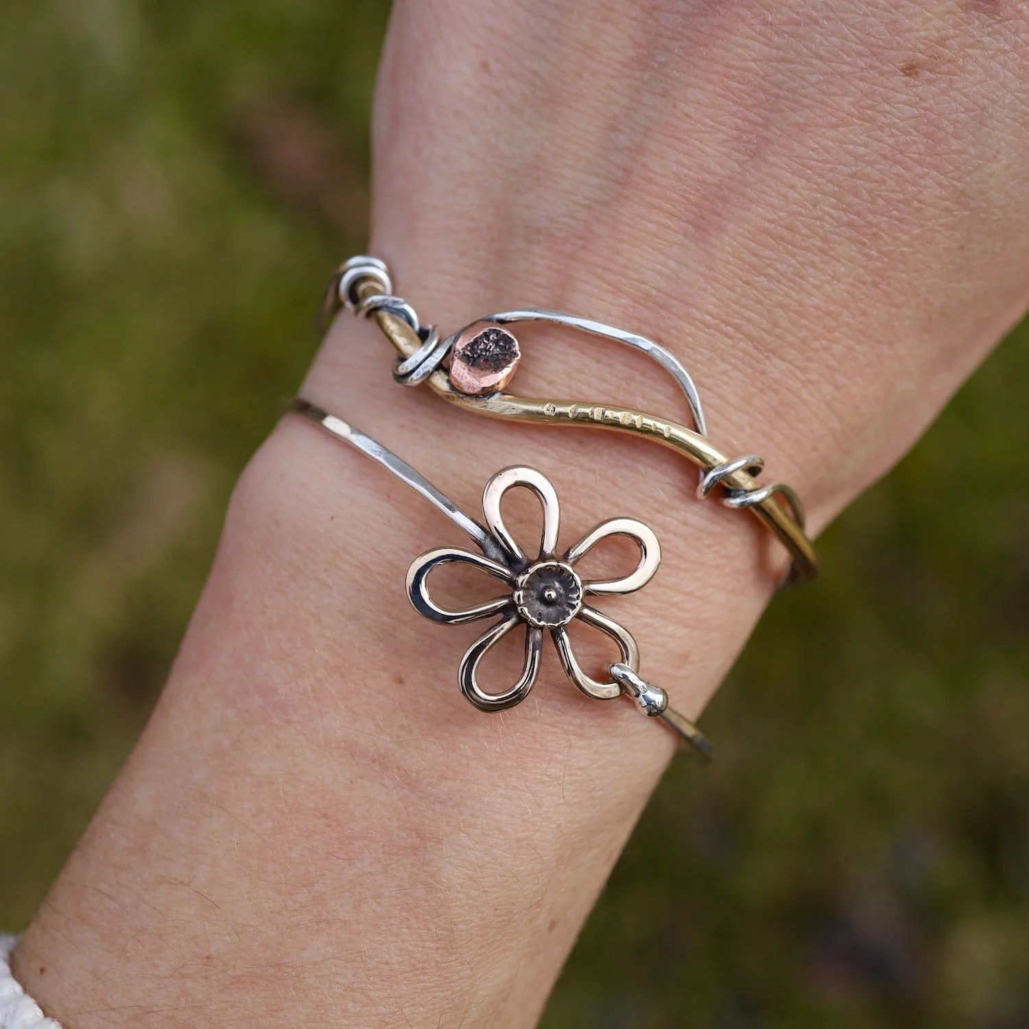 Sterling Silver Clasp Bracelet with Brass Five Petal Daisy