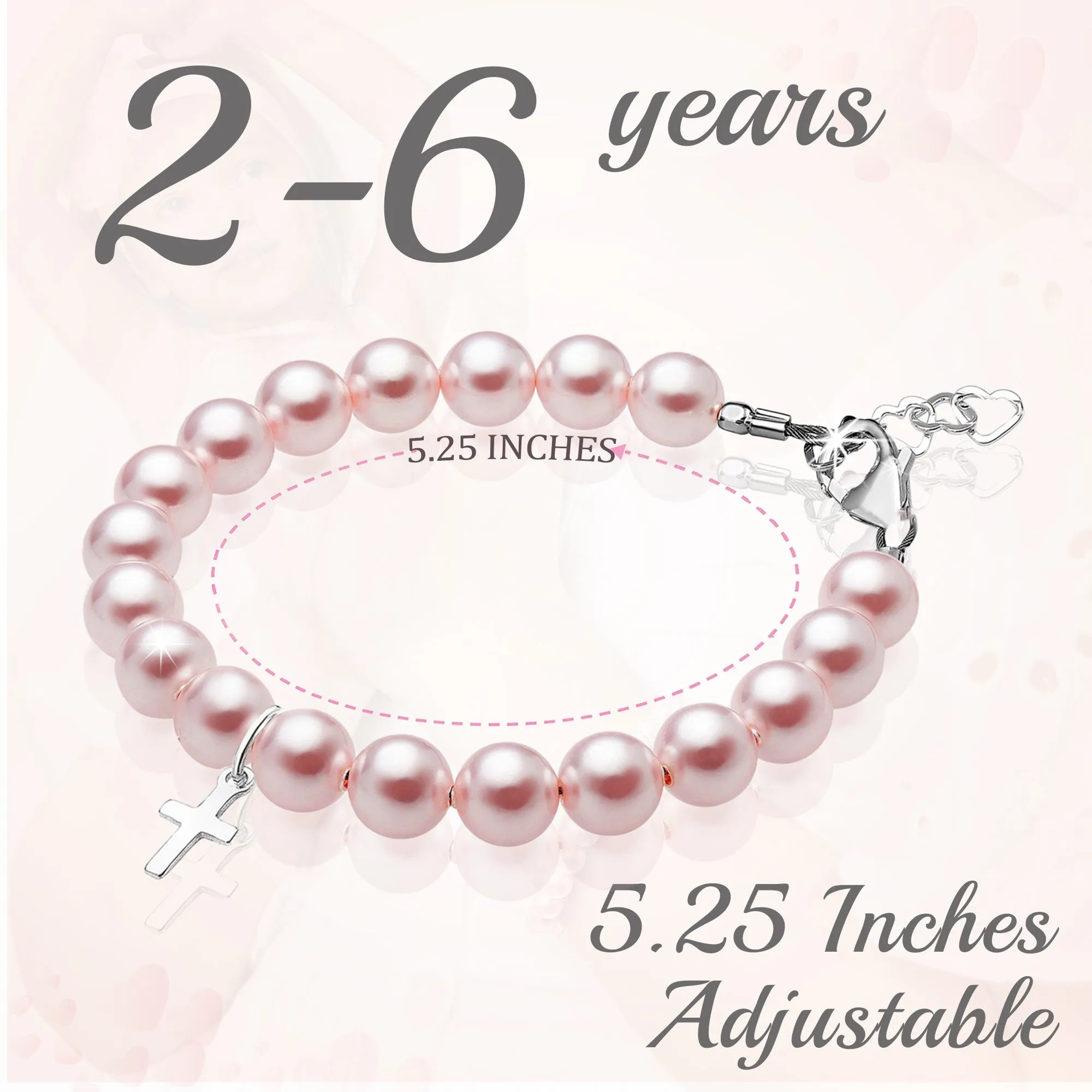 Sterling Silver Cross Charm Pink Pearl Bracelets for Girls - Baptism Gifts