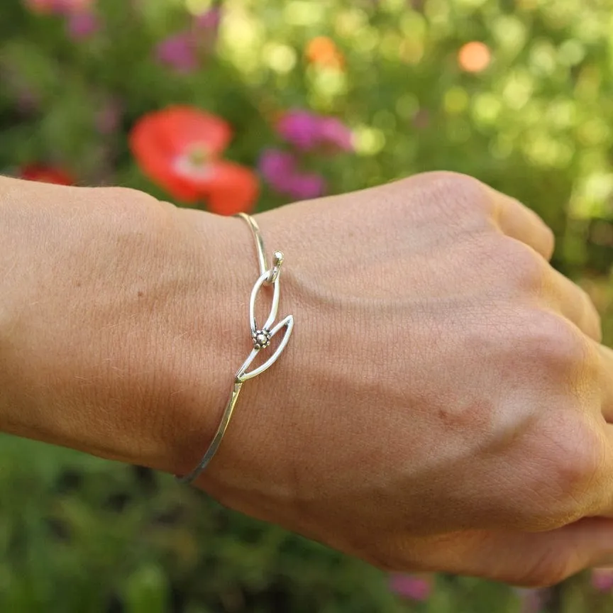 Sterling Silver Hook Bangle with Double Leaf