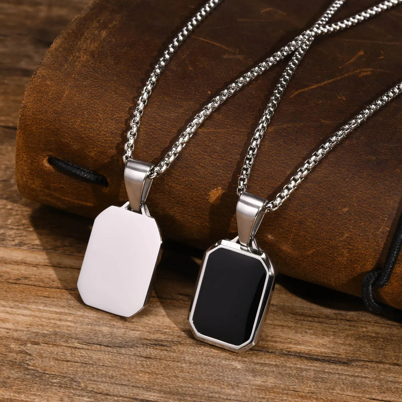 Stylish Gold Color Mens Geometric Square Necklaces,Black Enamel Rectangle Pendant with Rope Box Chain Collar Gift Jewelry