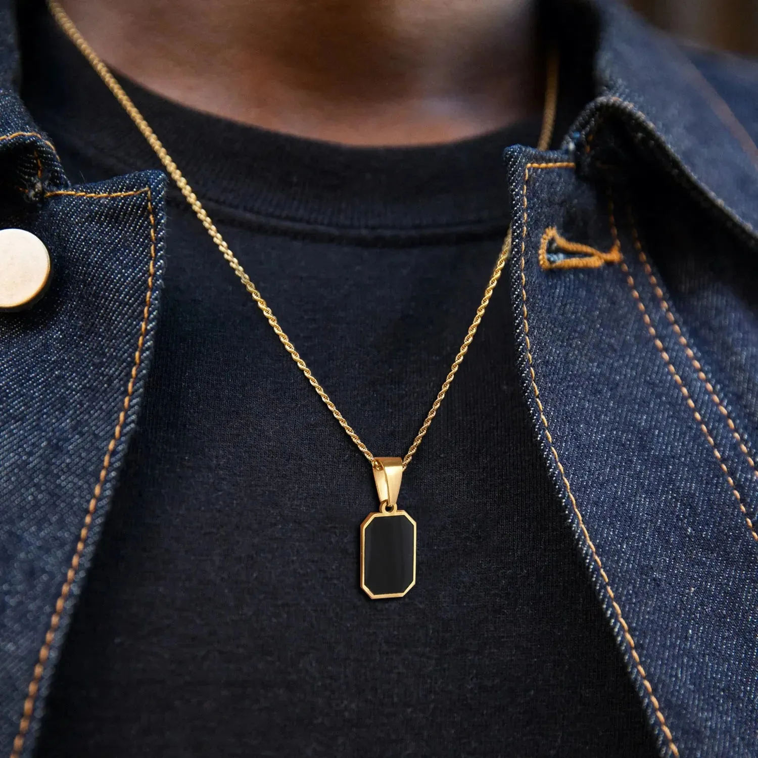 Stylish Gold Color Mens Geometric Square Necklaces,Black Enamel Rectangle Pendant with Rope Box Chain Collar Gift Jewelry