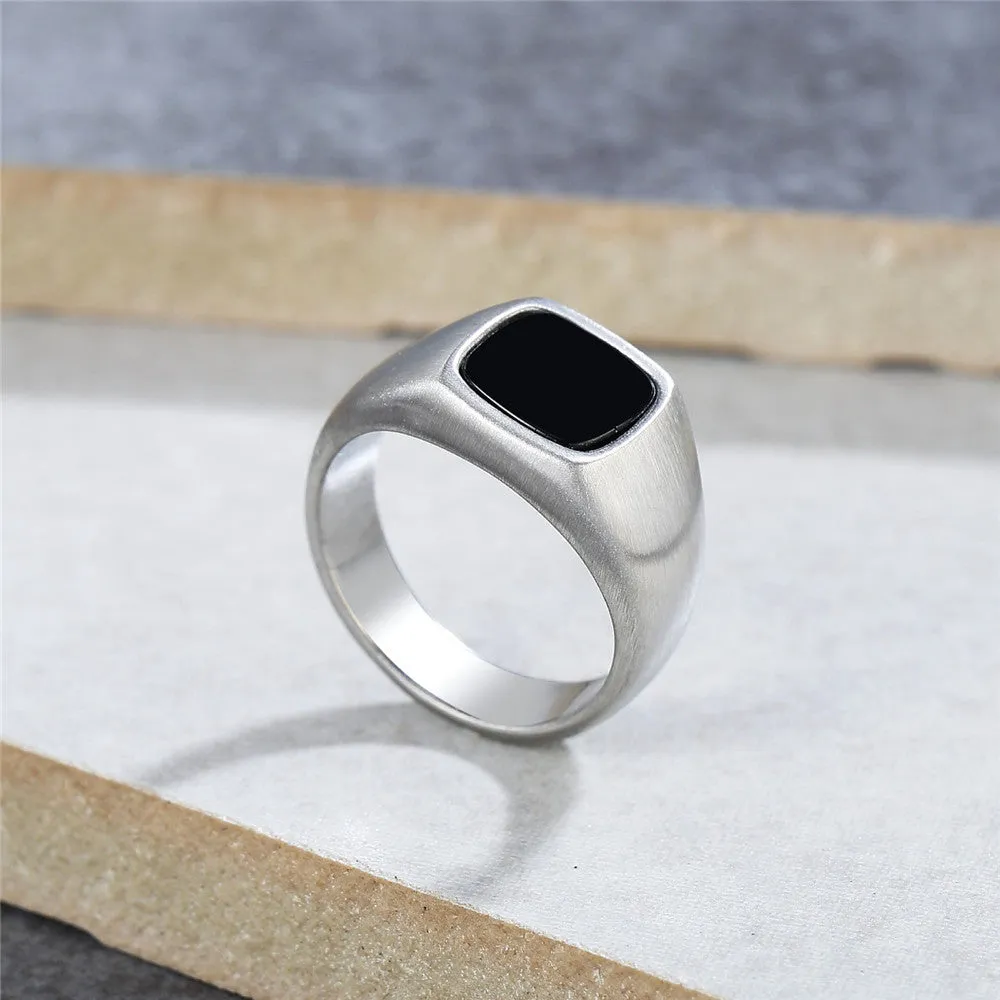 Stylish Small Black Square Stone Titanium Steel Rings for Men and Women