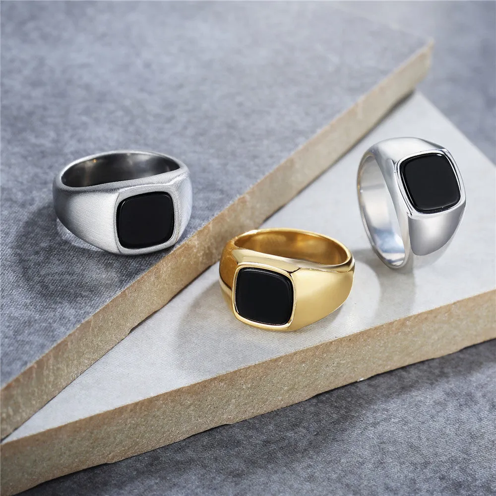 Stylish Small Black Square Stone Titanium Steel Rings for Men and Women