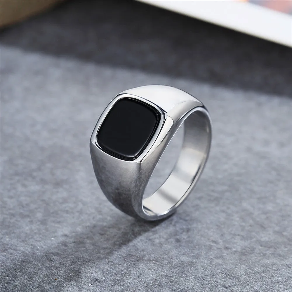 Stylish Small Black Square Stone Titanium Steel Rings for Men and Women