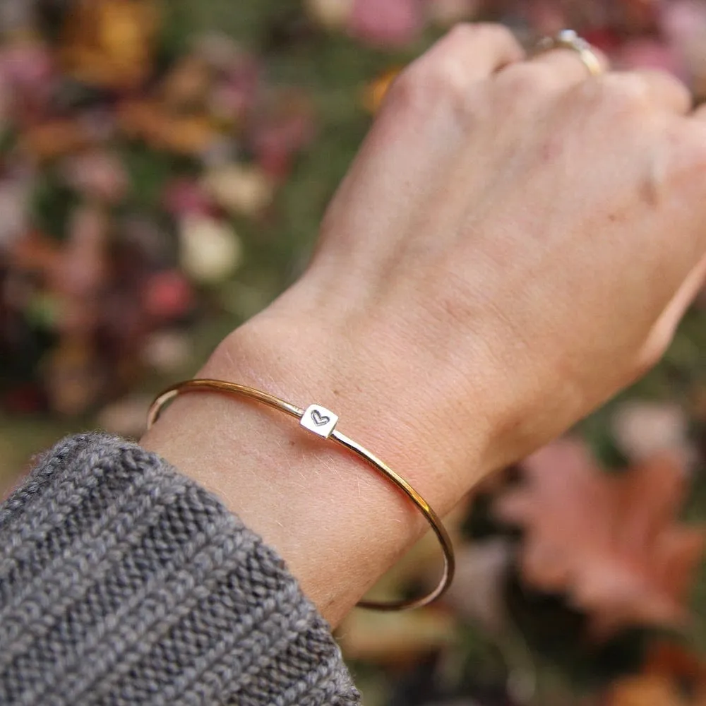 Tiny Heart on Sterling Brass Bangle Bracelet