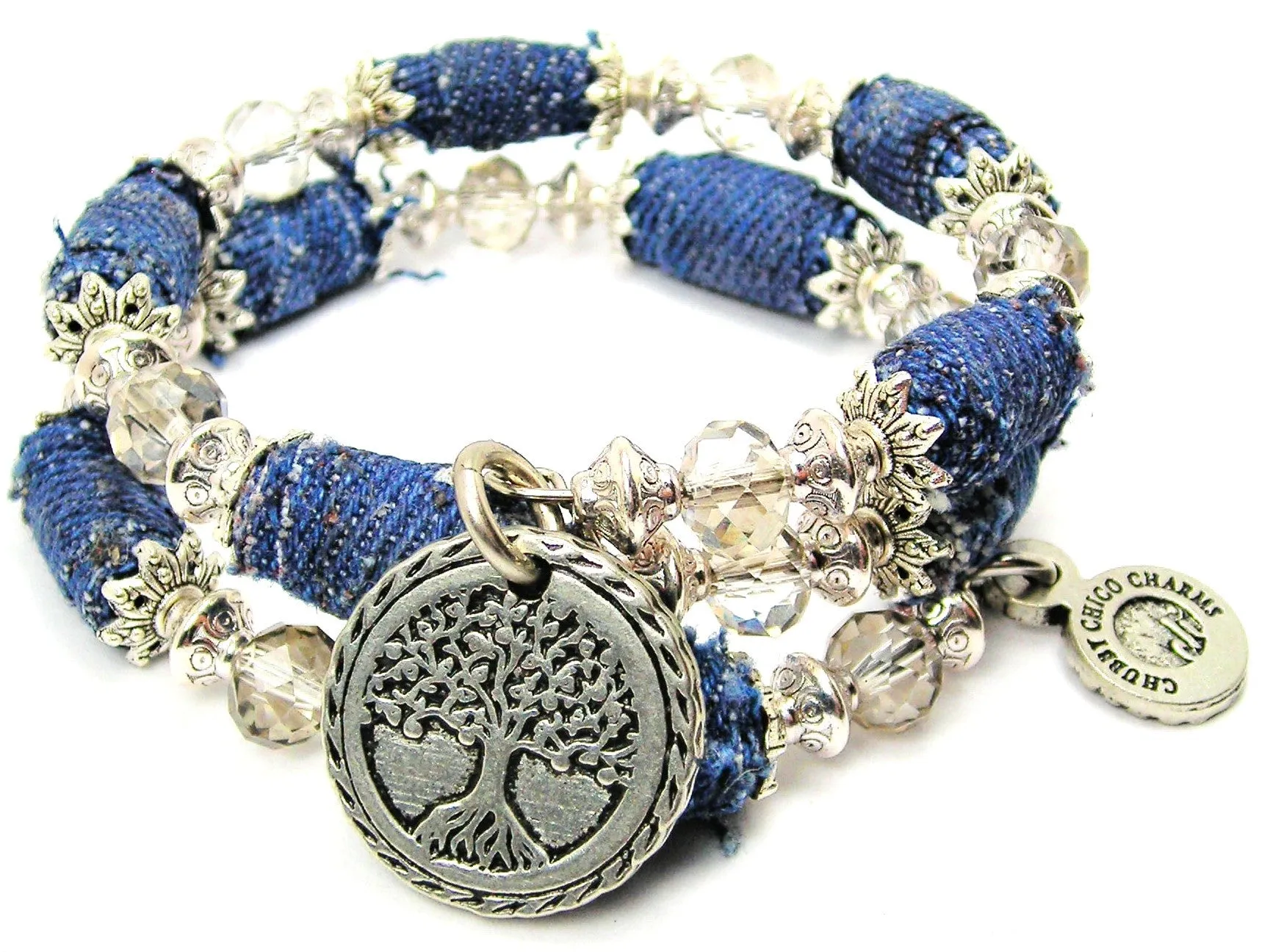 Tree Of Life Blue Jean Beaded Wrap Bracelet