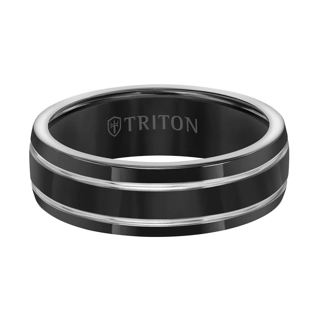 TRENT Domed Polished Black Titanium Comfort Fit Wedding Band with Polished Offset Grooves by Triton Rings - 7mm