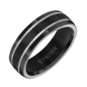 TRENT Domed Polished Black Titanium Comfort Fit Wedding Band with Polished Offset Grooves by Triton Rings - 7mm