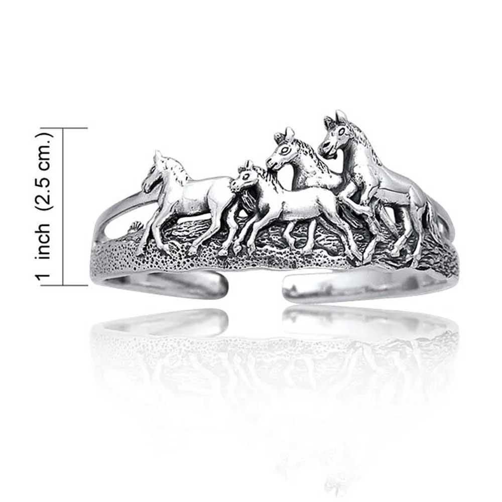 Unisex Equestrian Cuff Bracelet with Running Horses in Antiqued Sterling Silver Finish