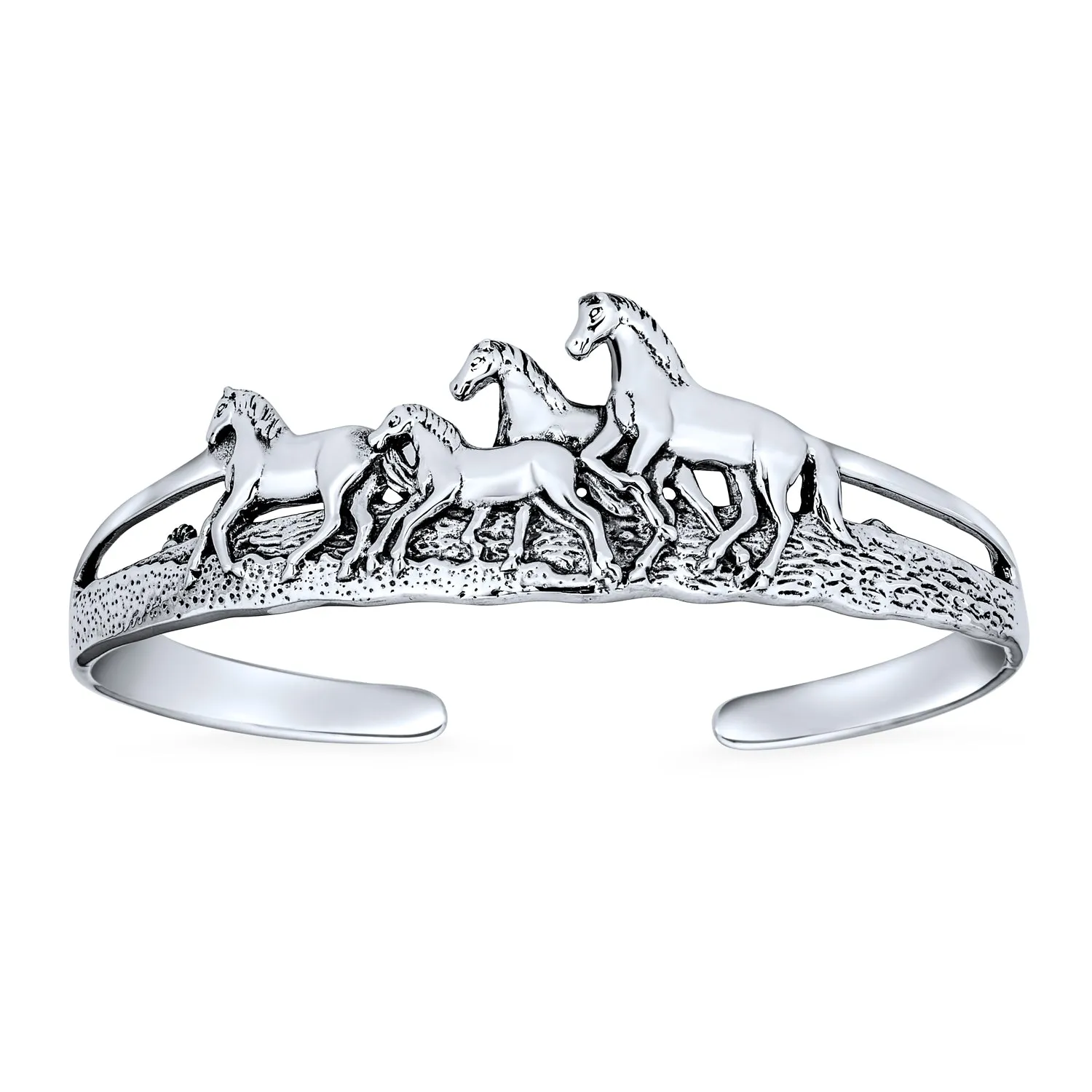 Unisex Equestrian Cuff Bracelet with Running Horses in Antiqued Sterling Silver Finish