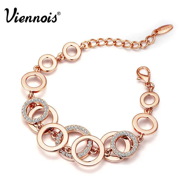 Viennois Rose Gold/Silver Color Circles Bracelet &amp; Bangles for Woman Rhinestones Paved Double Layer Round Female Bracelets