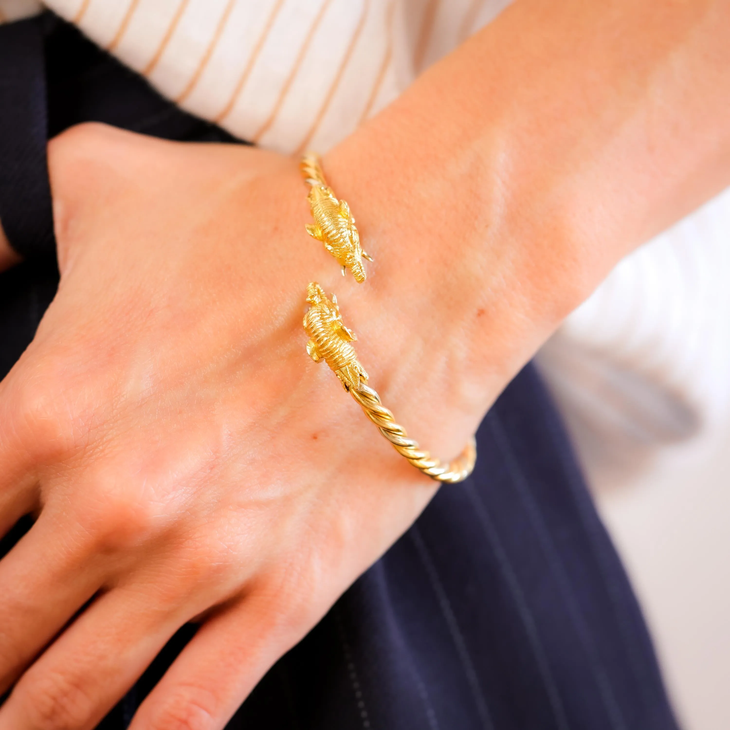 Vintage 18K Yellow and White Gold Elephant Bangle