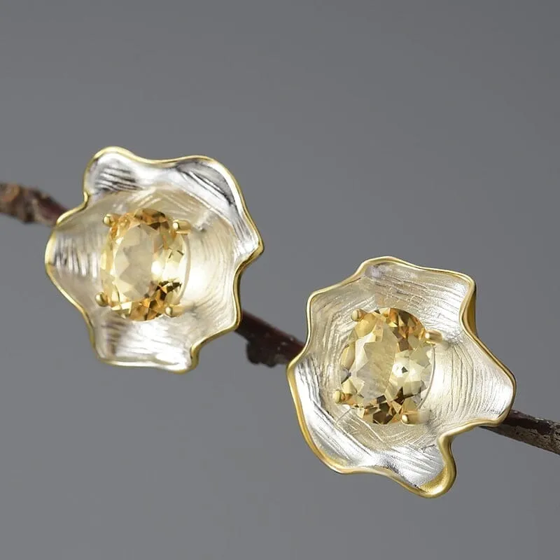 Vintage Baroque Style Topaz Citrine Gemstone Curled Leaf Stud Earrings - 925 Sterling Silver