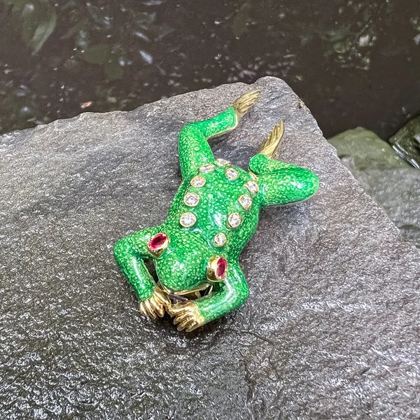 Vintage Enamel Ruby & Diamond Frog Pin