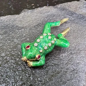 Vintage Enamel Ruby & Diamond Frog Pin