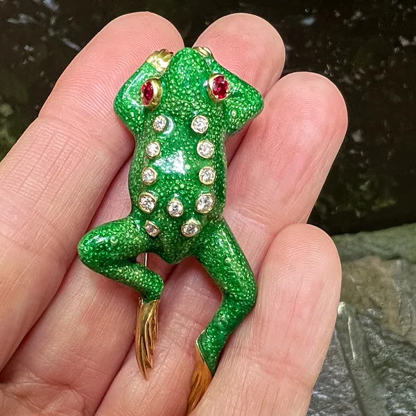 Vintage Enamel Ruby & Diamond Frog Pin