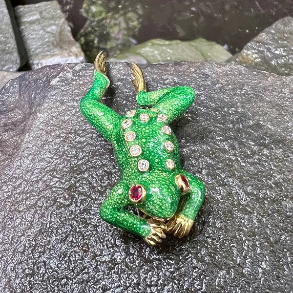 Vintage Enamel Ruby & Diamond Frog Pin