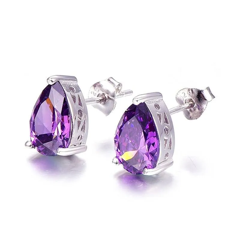 Vintage Purple Amethyst Stone Stud Earrings - 925 Sterling Silver