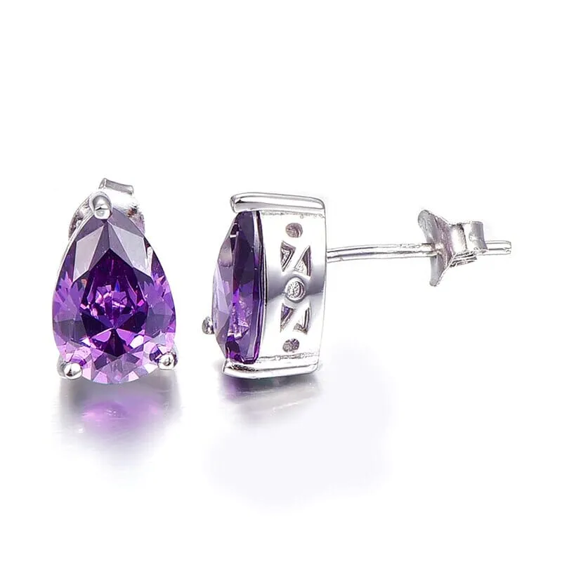 Vintage Purple Amethyst Stone Stud Earrings - 925 Sterling Silver