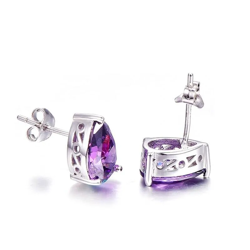 Vintage Purple Amethyst Stone Stud Earrings - 925 Sterling Silver