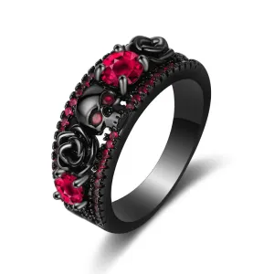 Wannee Western Punk Flower Skull Rings Vintage Red Zircon Black Copper Rings For Fashion Jewelry