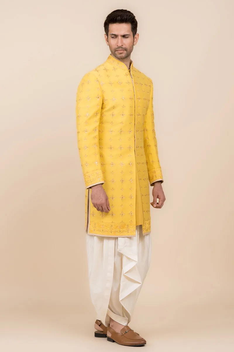 Yellow Ochre Sherwani Highlighted With Zardozi Work