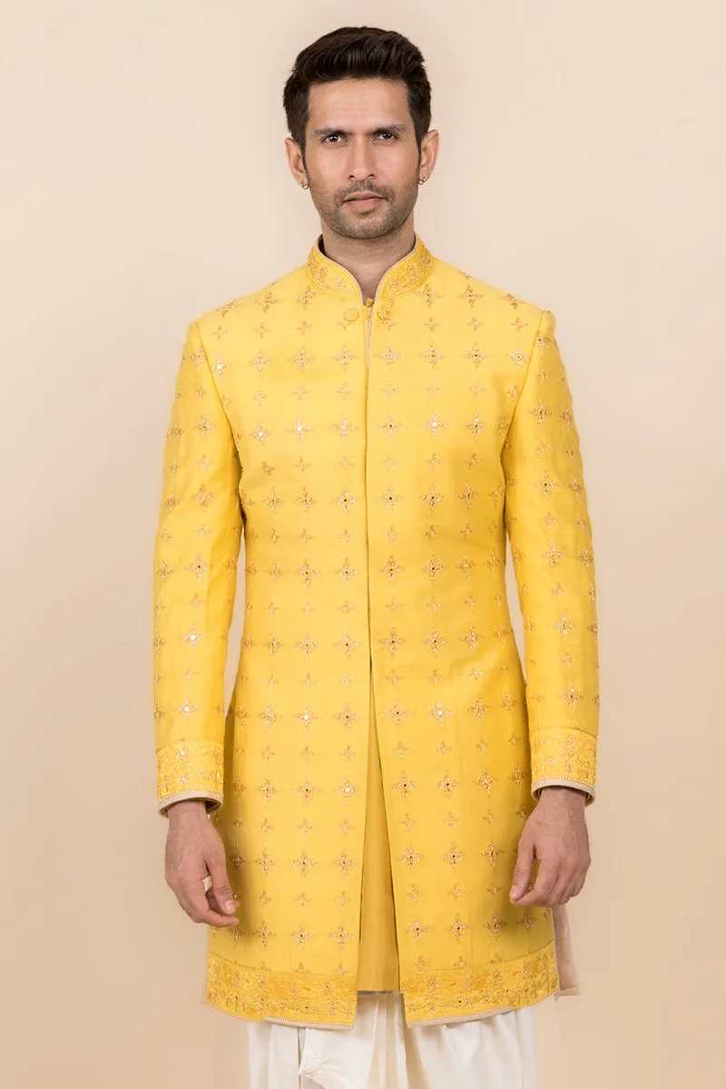 Yellow Ochre Sherwani Highlighted With Zardozi Work