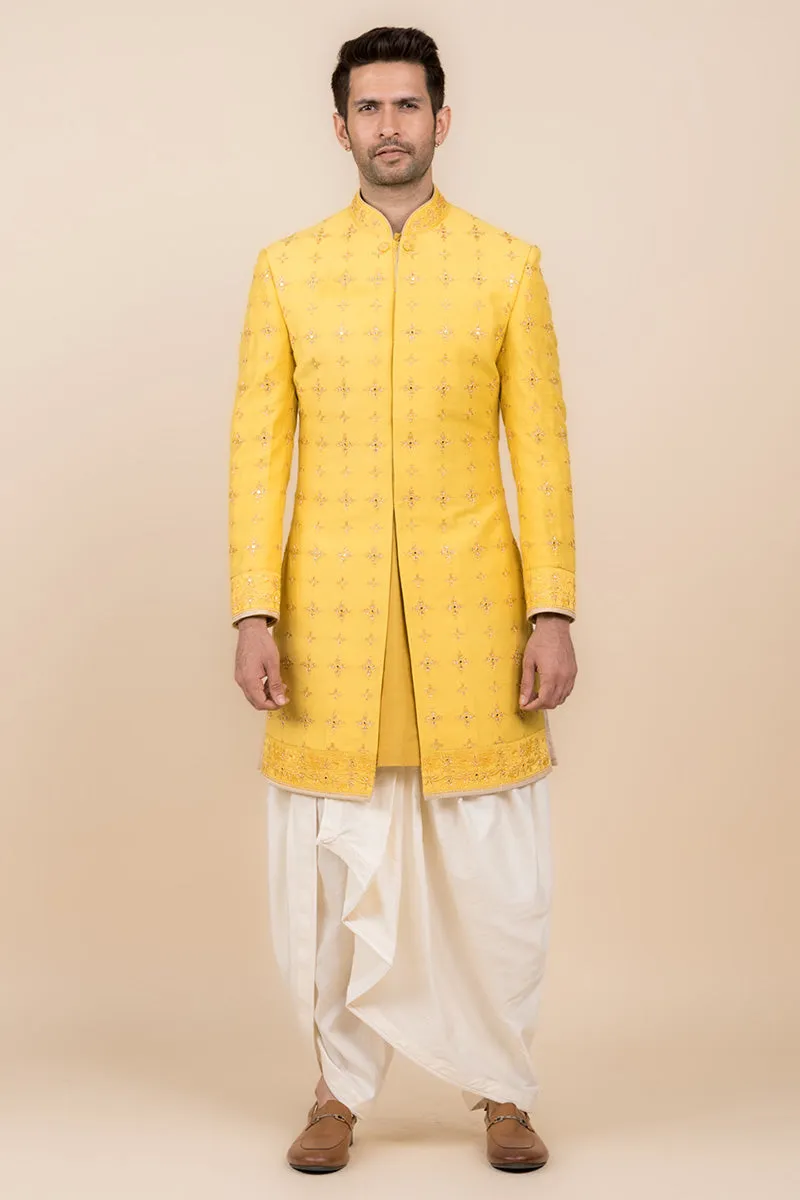 Yellow Ochre Sherwani Highlighted With Zardozi Work